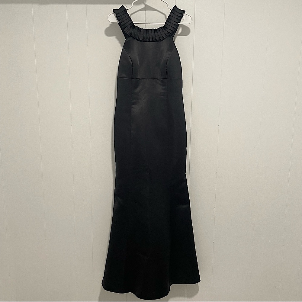 Bari Jay Black Accordion Halter Bridesmaid Mermaid Trumpet Long Gown with Bow